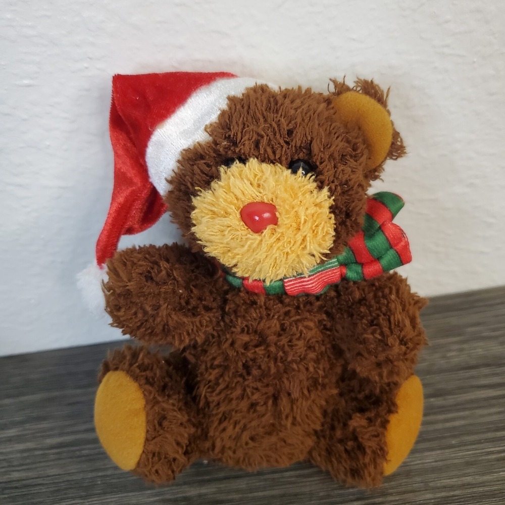 Christmas Teddy Bear Small Brown 6" Plush Wearing Santa Hat Scarf Hard Red Nose